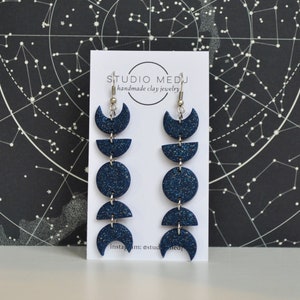 CELESTIAL | Sparkle Moon Phases Dangles | Handmade Polymer Clay Earrings Hypoallergenic