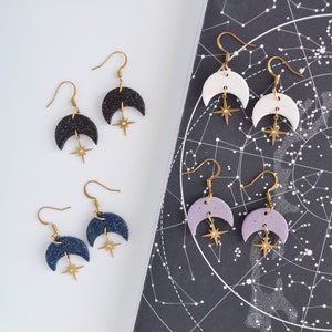 CELESTIAL | Moon and North Star Charm Sparkle Dangles | Handmade Polymer Clay Earrings