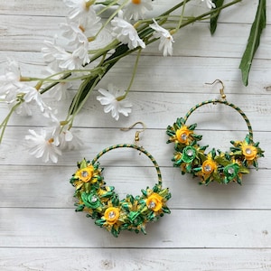 Green & Yellow gota flower earrings. Earrings for brides + party wear. Indian/Pakistani jewelry. Flower jewelry for Haldi, mayoun, Holud.