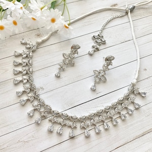 American Diamond Necklace, Earring, and Tikka Set. Indian Cubic zirconium bridal set. Adjustable neck strap.