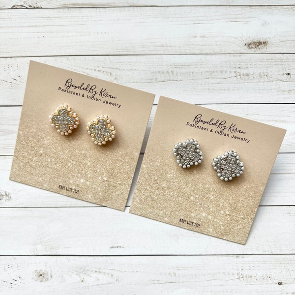 Gold or Silver Four Leaf Clover stud earrings. Cluster crystal earrings. Small studs. Pearl border. Van Cleef Dupe Earrings.