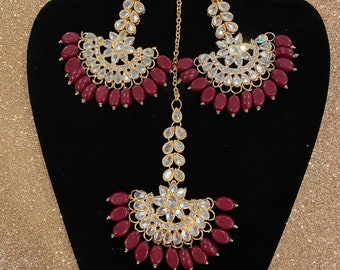 Red Kundan Jhumka and Maang Tikka Set Handmade Gold Plated Indian Bridal Earrings Tikka Set for Women Wedding Gift Party Wear Set