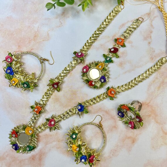 Gold and Multicolored Floral Gotta Jewelry Set. Handmade Flower Jewelry for Haldi Mayon Mayoun Mehndi. Flower Gota Jewelry for Bride. Etsy Canada