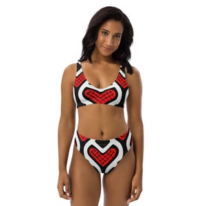 Black and white high-waisted bikini with a heart in a retro