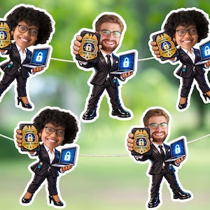 May include: A decorative banner featuring repeating cartoon figures of professionals in black suits. Each figure holds a badge labeled Cybersecurity License to Hack and a laptop displaying a blue glowing padlock icon on the screen.