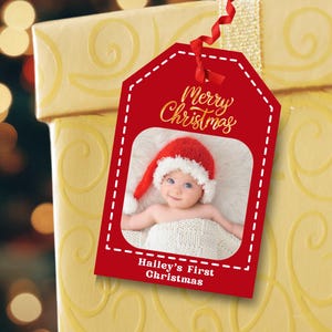 Baby&#39;s First Christmas Personalized Gift Tags Custom Baby Photo and Message Wine Gift Tags, Holiday Christmas Tags, Tags for Xmas Gifts