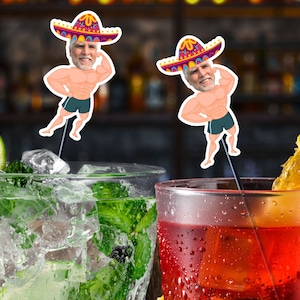 Mexican Sombrero Muscle Man drink stirrers with personalized face. Cinco de mayo Decoration swizzle sticks / Mexican Decorations
