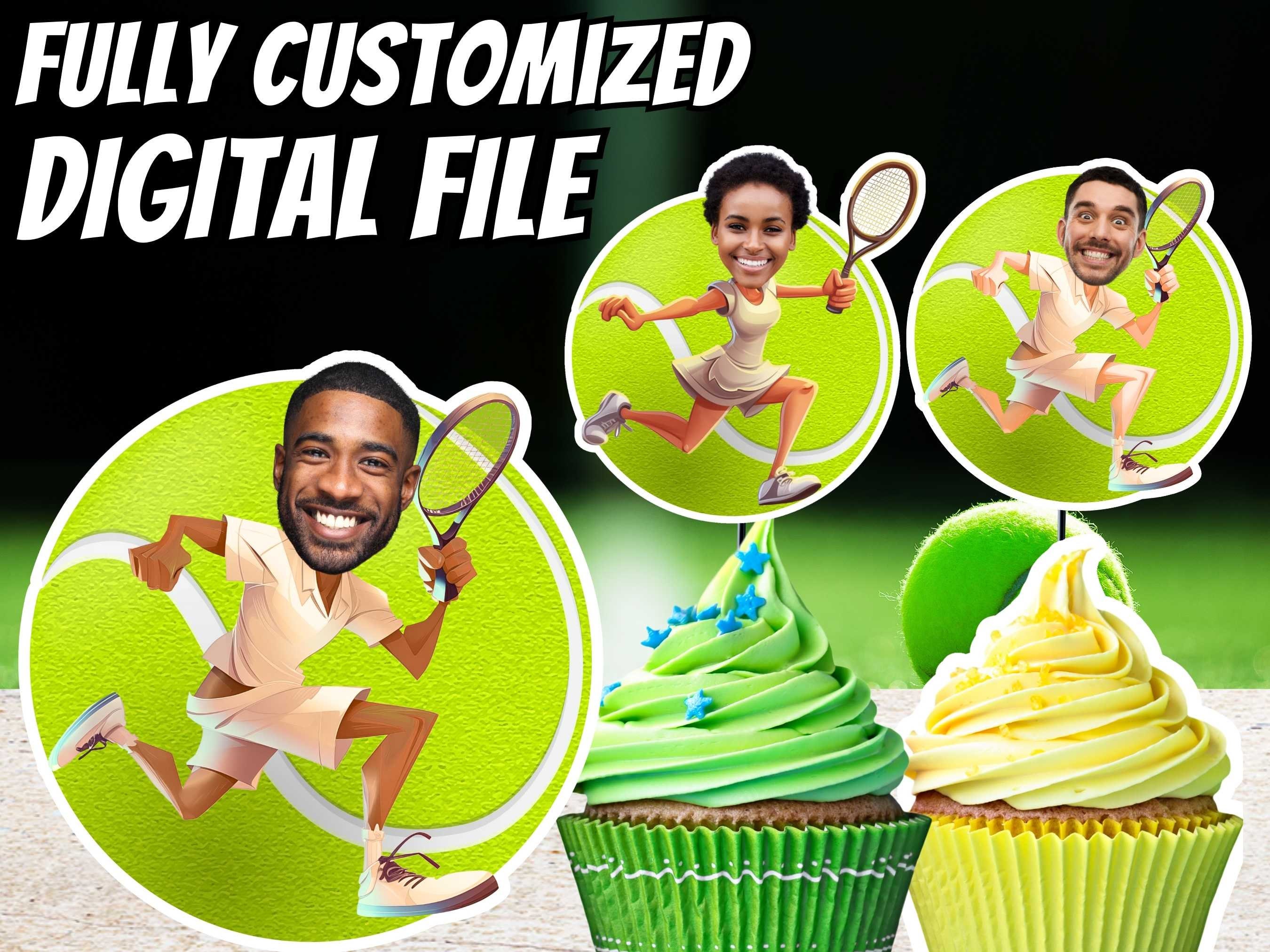 Printable Tennis Cupcake Toppers. Digital Download Tennis design with custom face Birthday decor. Decorations, Tennis Party, Tennis Ball