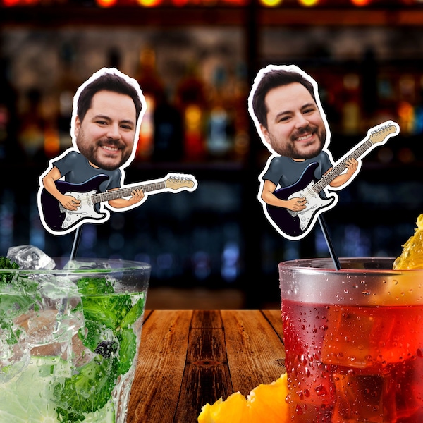 Funny Electric Guitar drink stirrers personalized face Guitarist Custom Party Decorations / 40th, 50th swizzle sticks  Decor  musician music