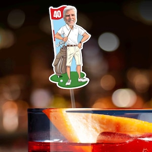 May include: A cartoon illustration of a golfer holding a golf club and bag. The illustration is on a white background with a red flag that says "40".