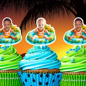 Printable Baby Pool Party Cupcake Toppers. Tropical Beach Party Decorations w/ custom face for pool decor 1st Birthday Float Summer Party
