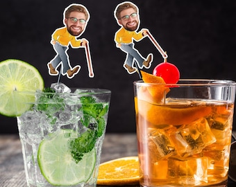 Personalized Face Drink Stirrers, Funny Milestone Birthday Party Decor