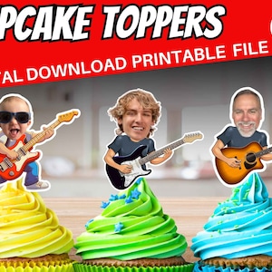 Guitar Birthday Cupcake Topper Digital Download Guitar Player Party Decor Easy to Edit, Musician Rock Star decoration Music Digital File