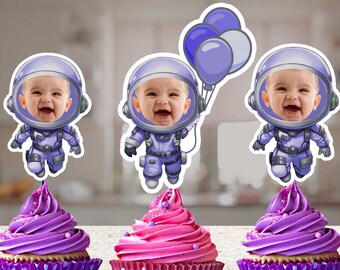 Purple Baby Astronaut Cupcake Toppers: First Birthday Space Party Decor