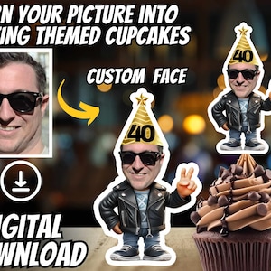 Printable Cool Guy Birthday Cupcake 40th, 50th, 60th Cupcake Toppers personalized Custom Party Decor with custom age and face Birthday Decor