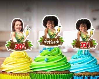 Tropical Luau Retirement Woman Margarita Birthday Personalized Birthday Cupcake Toppers Custom Party Decor Hawaiian Party Custom Cupcakes