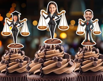 May include: Three cupcakes decorated with chocolate frosting and chocolate chips. Each cupcake has a topper featuring a caricature of a person holding a scale of justice. The toppers are on a white background.