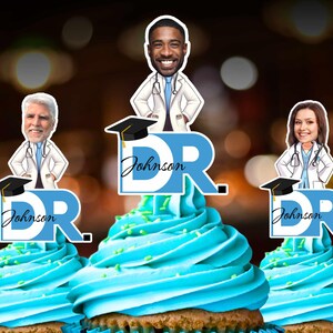 Doctor Graduation Party fun custom face Decor Cupcake Toppers Medical School Grad Dr. Cartoon w face Med School Grad Fun cupcake decoration