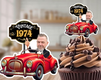 Personalized Vintage Car Birthday Cupcake Toppers (Any Age)