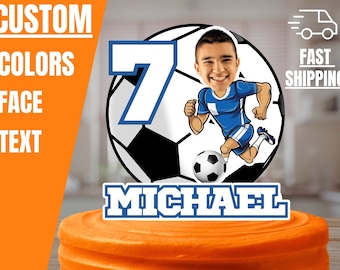 Funny Soccer Birthday Cake Toppers with Soccer caricature customized with custom face, name and age. Soccer Birthday Party Decoration decor