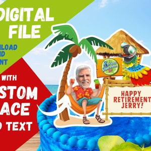 Printable Tropical Parrot Cake Topper Custom Retirement Birthday Margarita Dessert Buffet Celebrate the head parrot Luau Tiki 40th 50th 60th