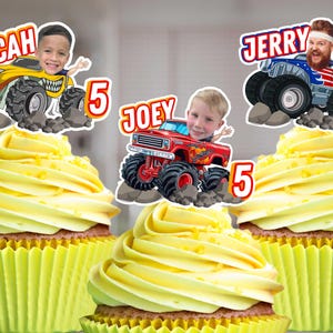 Funny Truck Monster Cupcake Toppers Party Off road Monster Truck w/ custom face Birthday Cupcake Toppers Kids and grownup birthday cupcakes.
