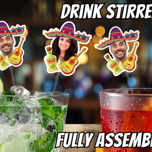 fiesta drink stirrers with face and sombrero, stir sticks personalized birthday, swizzle sticks custom, taco bout a party, bachelorette