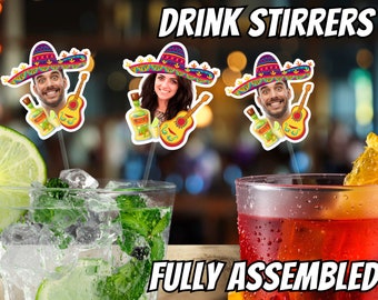 fiesta drink stirrers with face and sombrero, stir sticks personalized birthday, swizzle sticks custom, taco bout a party, bachelorette