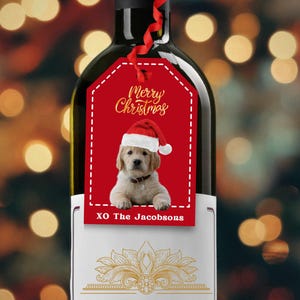 Christmas Dog Personalized Gift Tags Custom Dog Photo w/ Santa Hat and Message Wine Gift Tags, Holiday Christmas Tags, Tags for Xmas Gifts