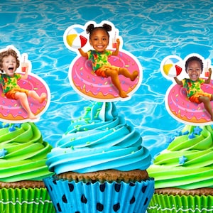 Printable Pool Party Cupcake Toppers. Tropical Beach Party Decorations w/ custom face for pool theme decor kids Birthday Float Summer Party