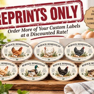 May include: Seven oval-shaped labels featuring the text Burvick Homestead Branson, MO, Farm Fresh Eggs, and From Our Farm To Your Table. Each label displays a different bird, including chickens and ducks, surrounded by greenery and eggs.