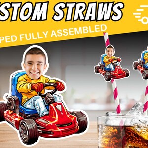 May include: Custom straws with a red go-kart design. The straws are shipped fully assembled and feature a red go-kart with a person in the driver's seat. The straws are red and white striped. The text 