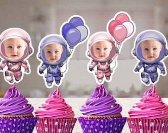 Pink & Purple Space Cupcake Toppers with Rocket Pink astronaut First Trip Around the Sun theme Girl's first Birthday Party Decor