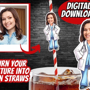 May include: Digital download of a printable straw topper featuring a cartoon doctor wearing a white coat and blue scrubs. The straw topper is designed to be printed and cut out, then attached to a straw for a fun and personalised drink accessory. The image shows a photo of a person in a photo booth, a straw with a red and white striped pattern, and a glass of brown liquid.