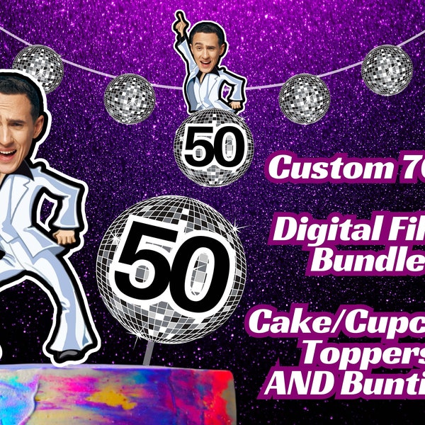 Funny Over the Hill Birthday Caricature Bundle, 70's Disco Decor Party, Cake Cupcake Toppers and Bunting Banner. Customized Digital Files