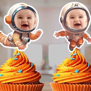 Cute Baby Space Cupcake Toppers with Rocket and astronaut First Trip Around the Sun theme. Baby&#39;s first Birthday Party Decor & Planets