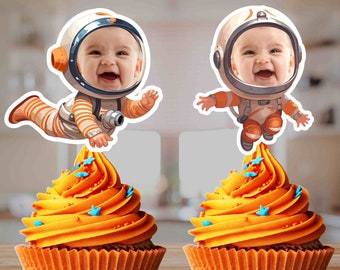 Custom Photo Astronaut Cupcake Toppers, First Birthday, Space Theme