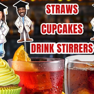 Doctor Graduation Party fun custom face Decor Cupcakes, Drink Stirrers, Straws Medical School Grad Dr. Cartoon w face Med School Grad