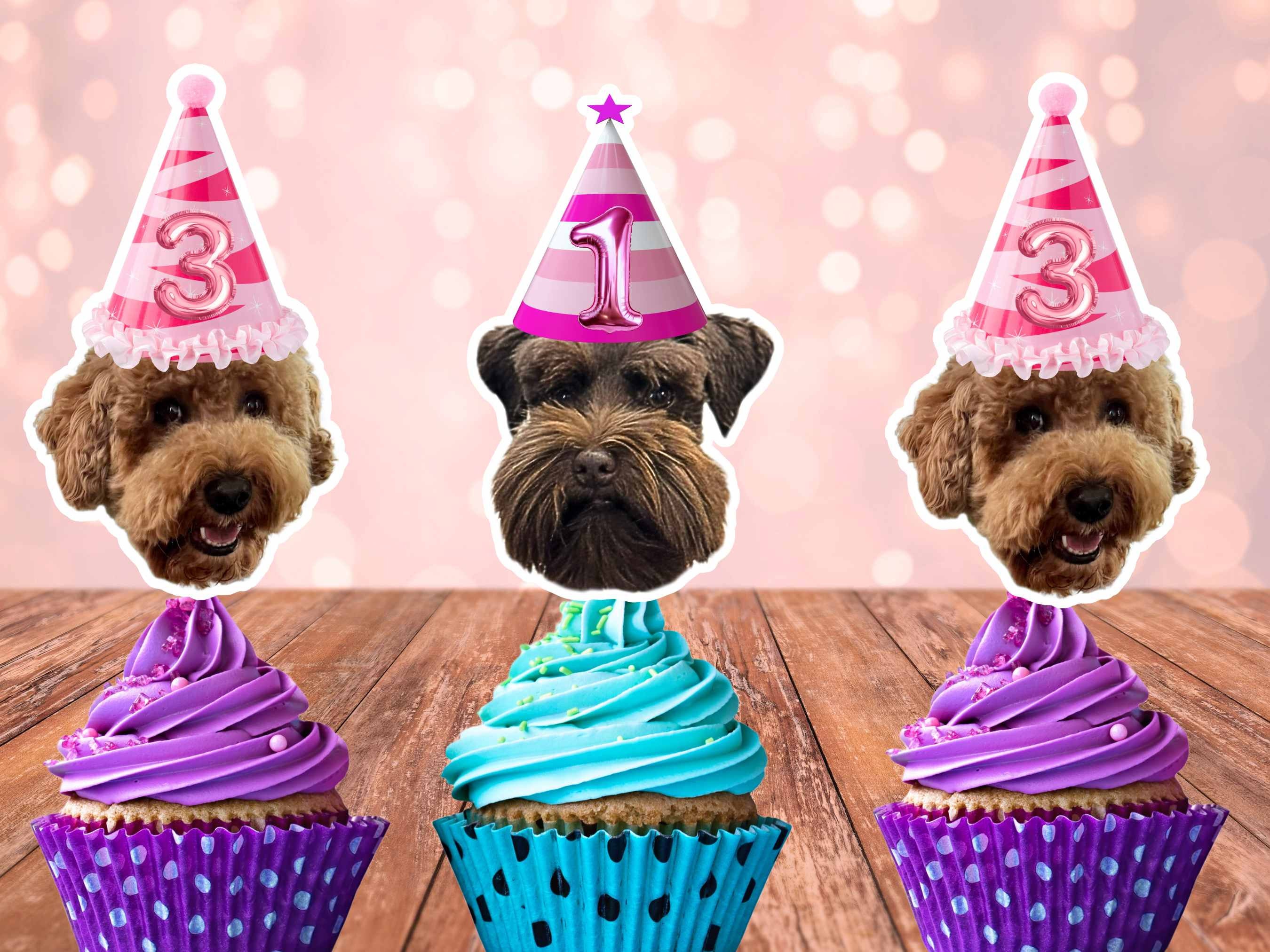 Dog Cupcake Toppers doggy's face,  Cupcake Photo ANY AGE, Birthday Decor, Cupcake pets birthday, cupcake toppers with puppy Dog Birthday
