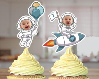 Cute Baby Space Cupcake Toppers with Rocket and astronaut First Trip Around the Sun theme. Baby's first Birthday Party Decor & Planets