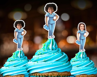 Cute Nurse RN Cupcake Toppers Birthday or Graduation Party fun custom face Nursing School Grad Decor Dr. Birthday RN Cup Cake decor face