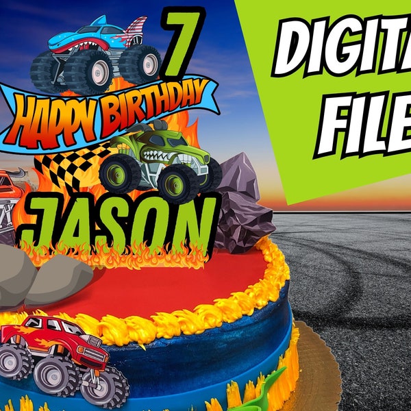 Monster Wheels & Trucks Cake Topper Digital Download Monster Truck Party Decor Easy to Edit, Download and Print  decoration Digital File