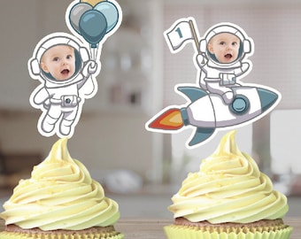Cute Baby Space Cupcake Toppers with Rocket and astronaut First Trip Around the Sun theme. Baby&#39;s first Birthday Party Decor & Planets