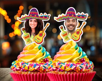 Personalized Sombrero Fiesta Cupcake Toppers, Custom Face Mexican Decorations