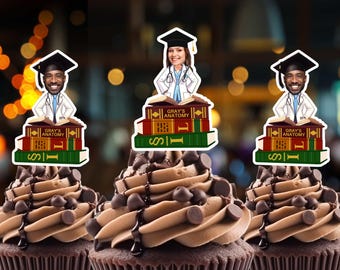 Doctor Graduation Party fun custom face Decor Cupcake Toppers Medical School Grad Dr. Cartoon w face Med School Grad Fun cupcake decoration