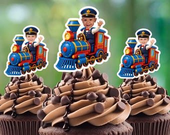 Custom Train Conductor Photo Cupcake Toppers, Birthday Party Decorations
