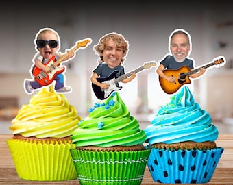 Personalized Guitarist Photo Cupcake Toppers – Rock Music Birthday Party Decor