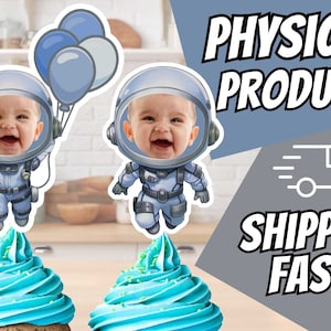 Blue Baby Space Cupcake Toppers with Rocket Blue and Gray astronaut First Trip Around the Sun theme first Birthday Party Decor & Planets