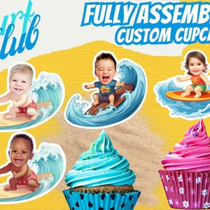 The Big One Cupcake Toppers. First Birthday Surfer Baby w/ custom face for Surfing theme decor for first Birthday. The Big 1 themed party