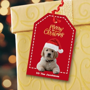 Christmas Dog Personalized Gift Tags Custom Dog Photo w/ Santa Hat and Message Wine Gift Tags, Holiday Christmas Tags, Tags for Xmas Gifts